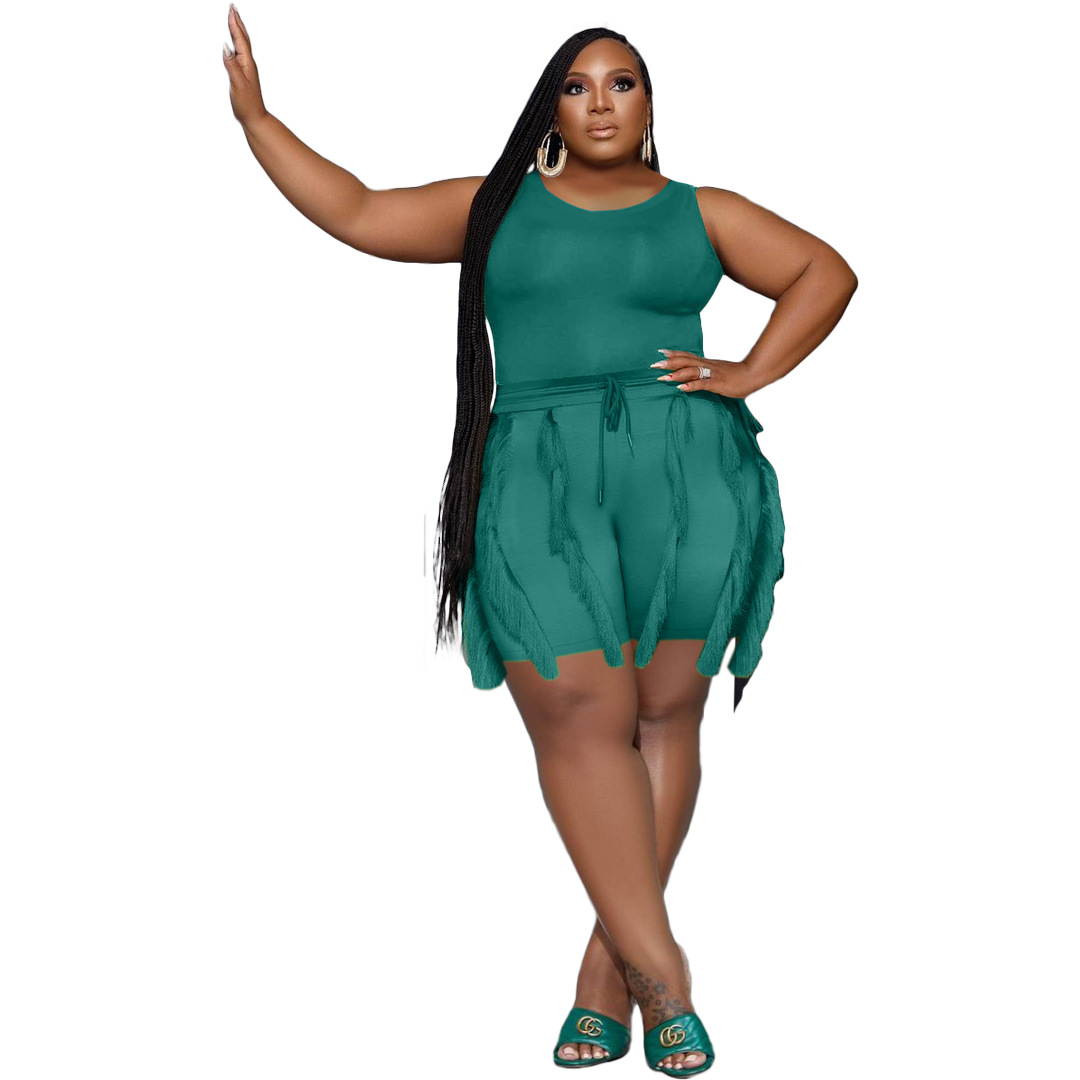 Women's Clothing Two-piece Set with Tassel Shorts, Sleeveless Casual Suit, Sports Large Size Two-piece Set_voghion.com