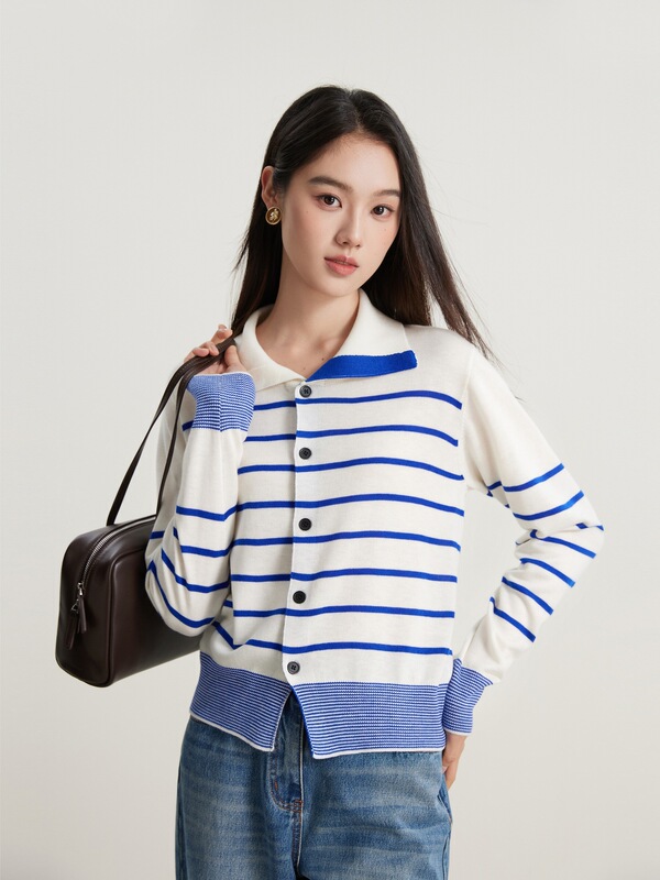 【High Intelligence Exploration】25 Early Autumn New Color-Block Turn-Down Collar Regular Shoulder Wool Cardigan Versatile Striped Knit Cardigan for Women