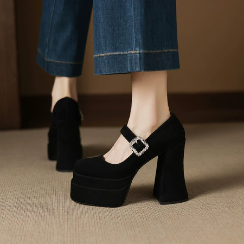 Женские туфли Мэри Джейн из натуральной кожи, 12 см, неглубокий каблук, толстая подошва, новые осенние 2025, супервысокий каблук, толстый каблук, балетки, стразы