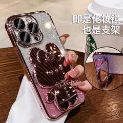 Suitable for iPhone15PRO electroplated rabbit makeup mirror holder mobile phone case Apple 14 lens film gradient soft shell