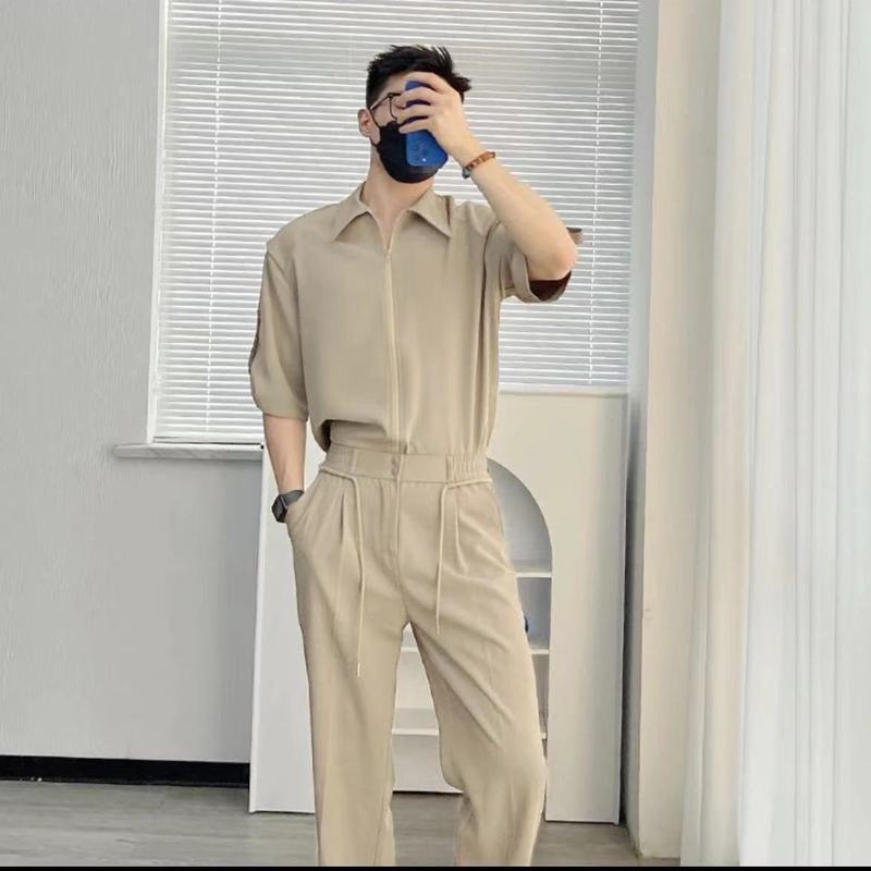 新款轻奢高级感短袖衬衫男夏季轻熟风冰丝薄款衬衣男士西裤套装|undefined