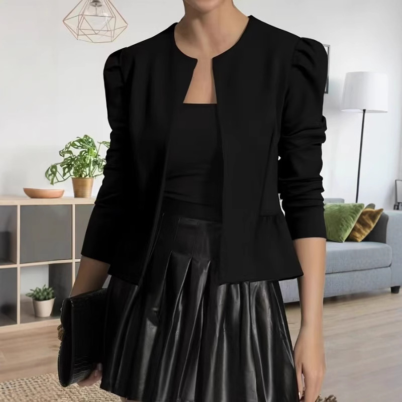 Amazon Cross-border Solid Color Small Suit Autumn and Winter 2024 Design Suit Short Long Sleeve Jacket Women's Top