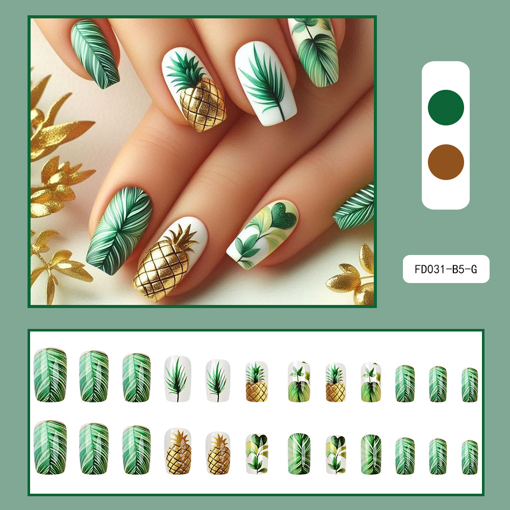 Transfronterizo estereoscópico estilo tropical manicure verde dorado piña desgaste uña larga 24 piezas parche de uñas terminado