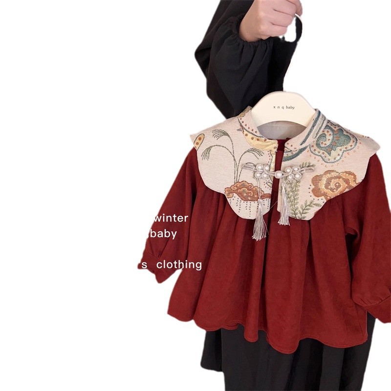 Niñas invierno bordado vestido de hombro nublado vestido de Año Nuevo vestido rojo vestido de Año Nuevo chino vestido de princesa infantil