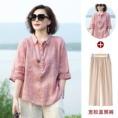 2026年新作シャツ、ゆったりとした着痩せ効果のあるレディース夏用薄手綿麻トップス、中年ママ向けおしゃれなシャツ