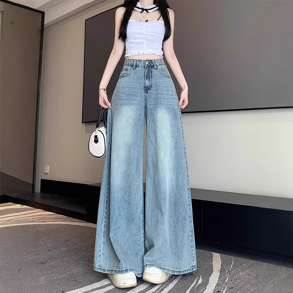 Women's Summer Thin Light Blue Wide Leg Jeans High Waist Slimming Loose Fit Straight Leg Floor Length Pants Plus Size_ecoleips.com