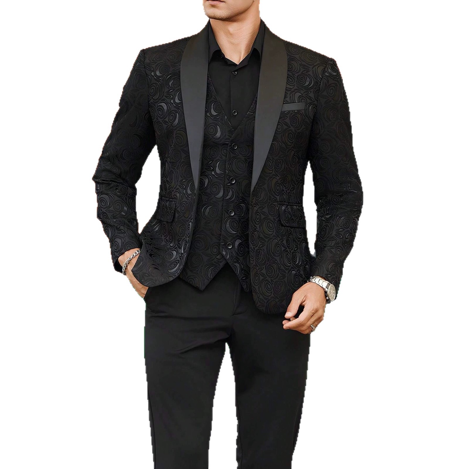 Completo da uomo a tre pezzi, elegante abito da banchetto con gilet, giacca e pantaloni in jacquard._voghion.com