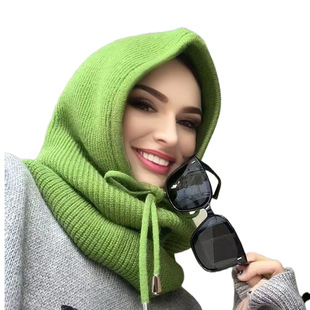 Cross-border autumn and winter warm scarf one-piece knitted hooded windproof hat ski ear protection neck protection wool hat