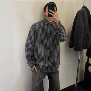 vintage黑白格子翻领衬衫男款美式潮牌长袖叠穿衬衣格纹休闲外套