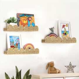 新款藤编收纳架挂壁式书本放置架儿童房玩具摆放木制房间装饰摆件