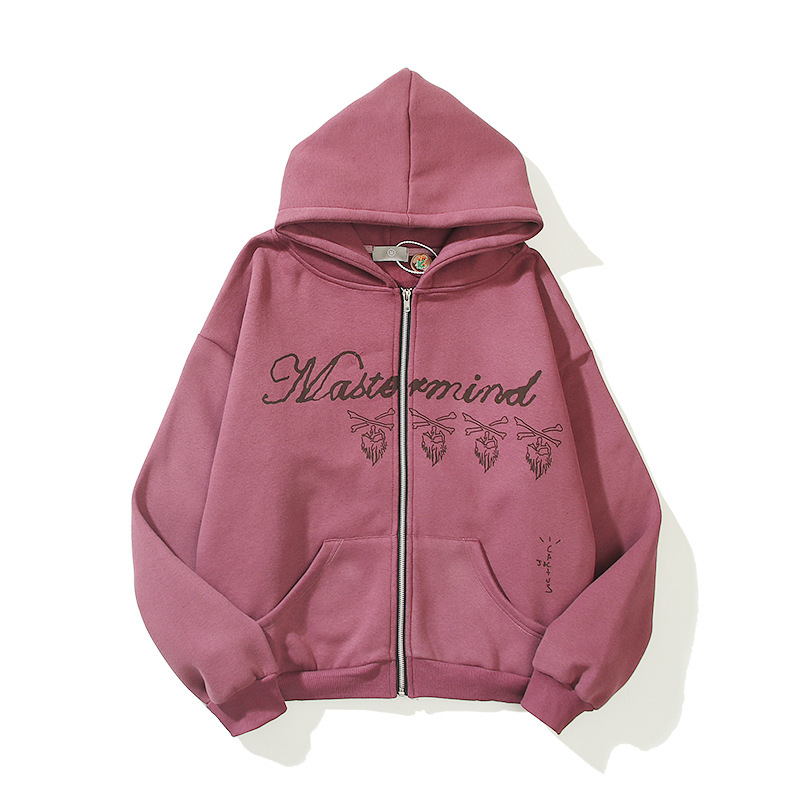 Design Letter Print Skull Burgundy Pullover Zip Jacket Sweatshirt