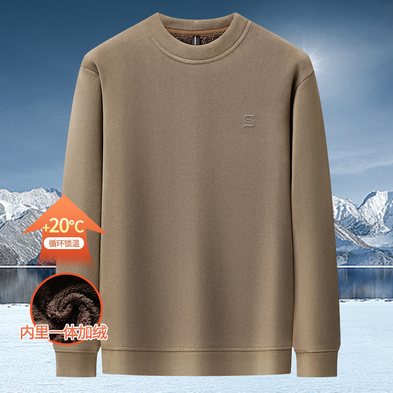 Flannel round-neck fleece-lined thickened sweatshirt, new autumn and winter model, integrated fleece warm long-sleeve shirt, men's knitted sweater