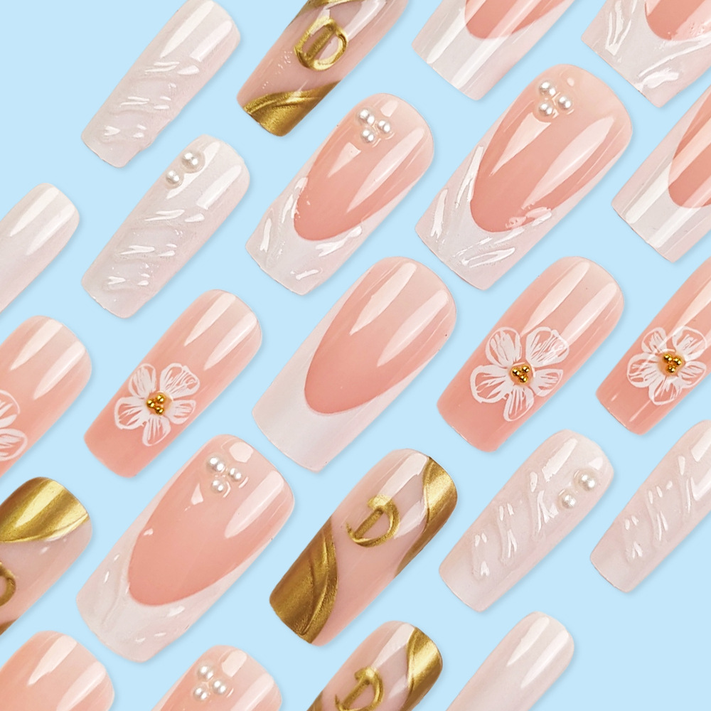 3D goteo de flores de perlas de oro de manicura francesa transfronteriza venta caliente tubería de agua para usar uñas 24 piezas de parche de uñas