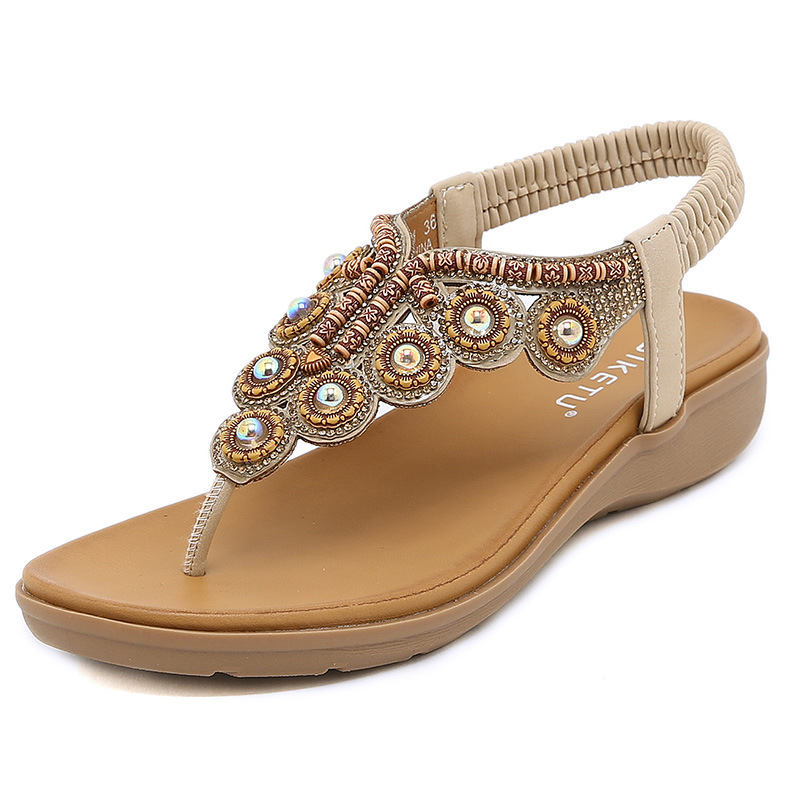 Sandalias de Verano 2025, Estilo Bohemio, con Adornos de Pedrería y Correa Elástica en el Talón, Zapatos de Mujer