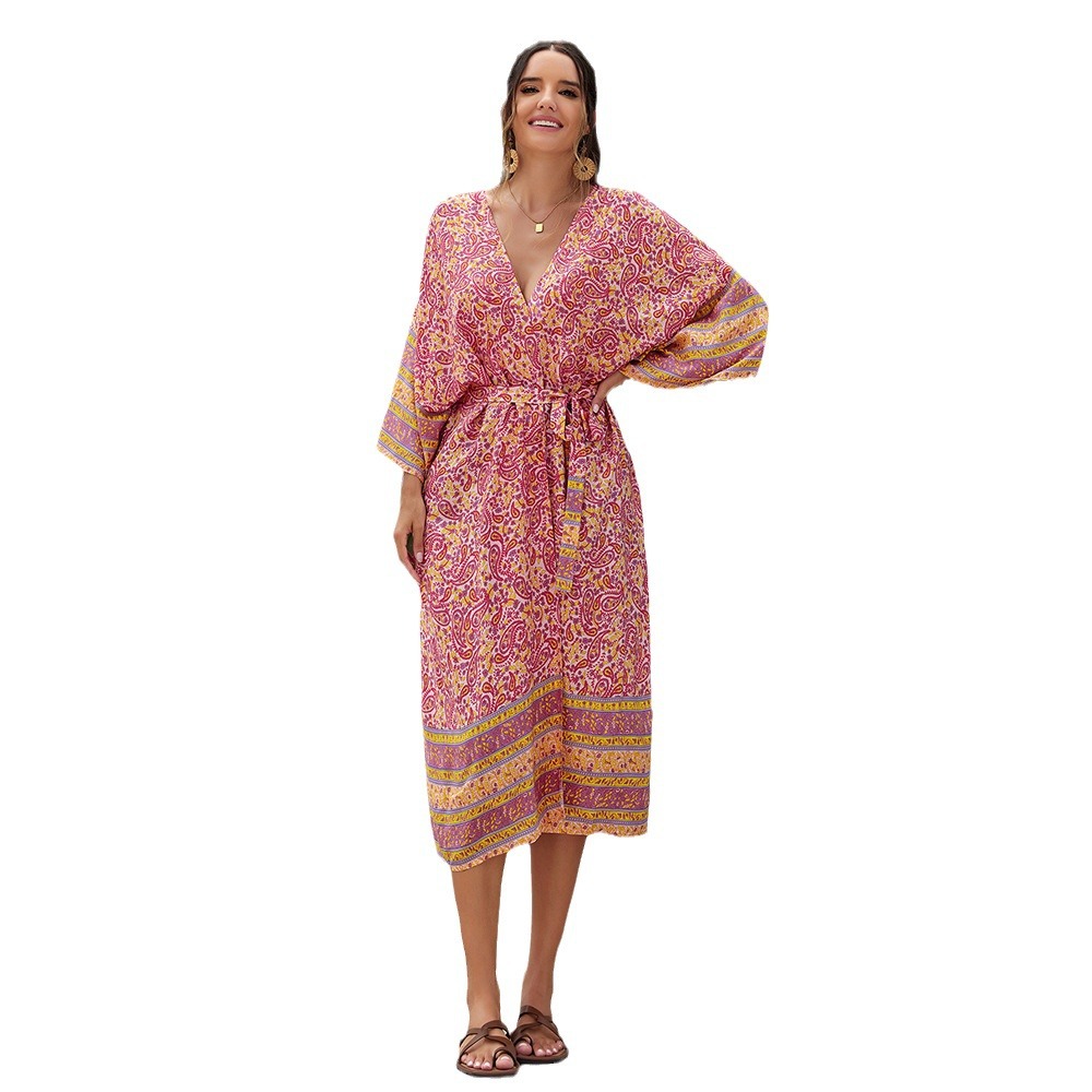 2 colores transfronterizos Amazon rayón impreso vacaciones playa vestido sexy cinturón vestido protector solar cardigan 3827