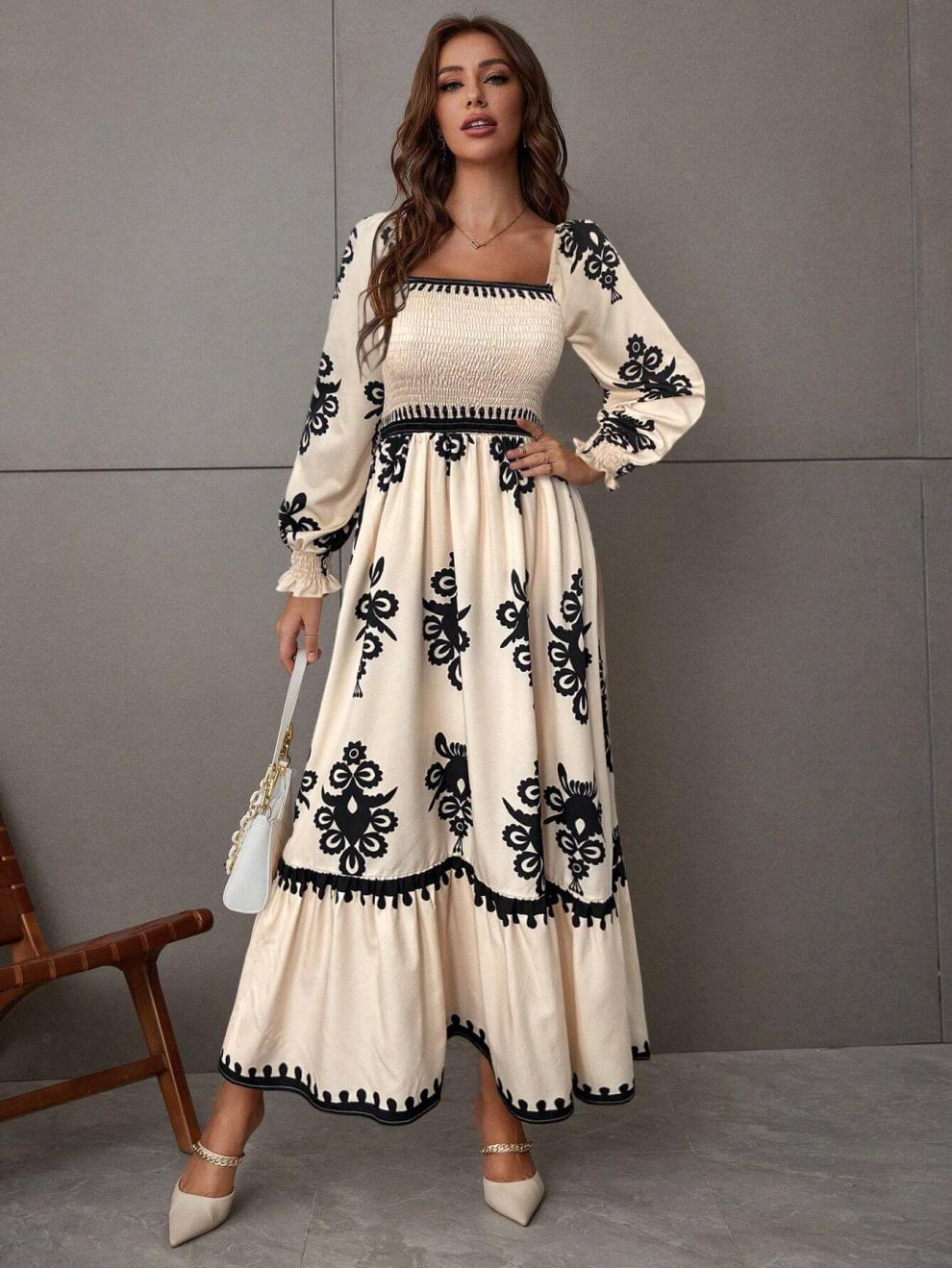 Sheath Dress Dresses Type Wholesale Women's Elegant Streetwear Printing Holiday Banquet Selfie Square Neck Long Sleeve Sheath Dress