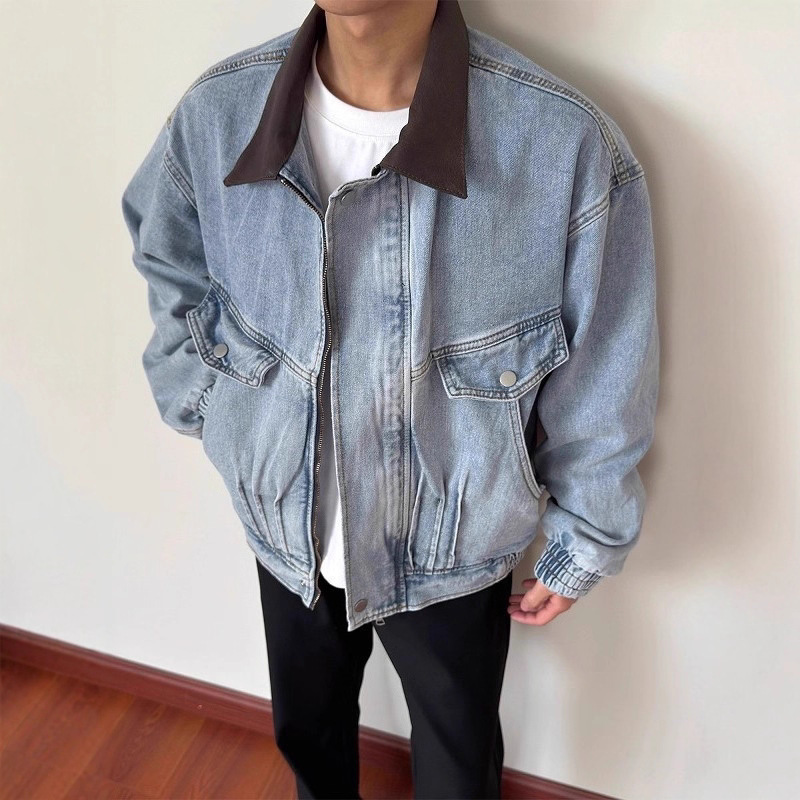 American Retro Barn-Style Leather Collar Washed Denim Jacket Men's Detroit Heavy-Duty Work Jacket Harrington Jacket