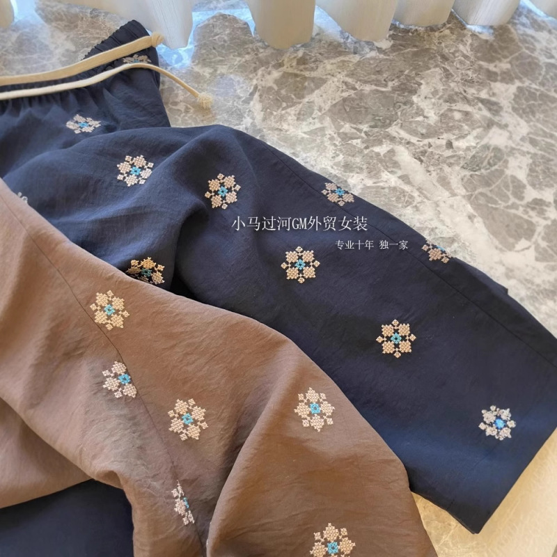 貿易会社の本物! 自留 ~ 日系レトロ刺繍天糸亜麻綿広脚カジュアルパンツ女|undefined