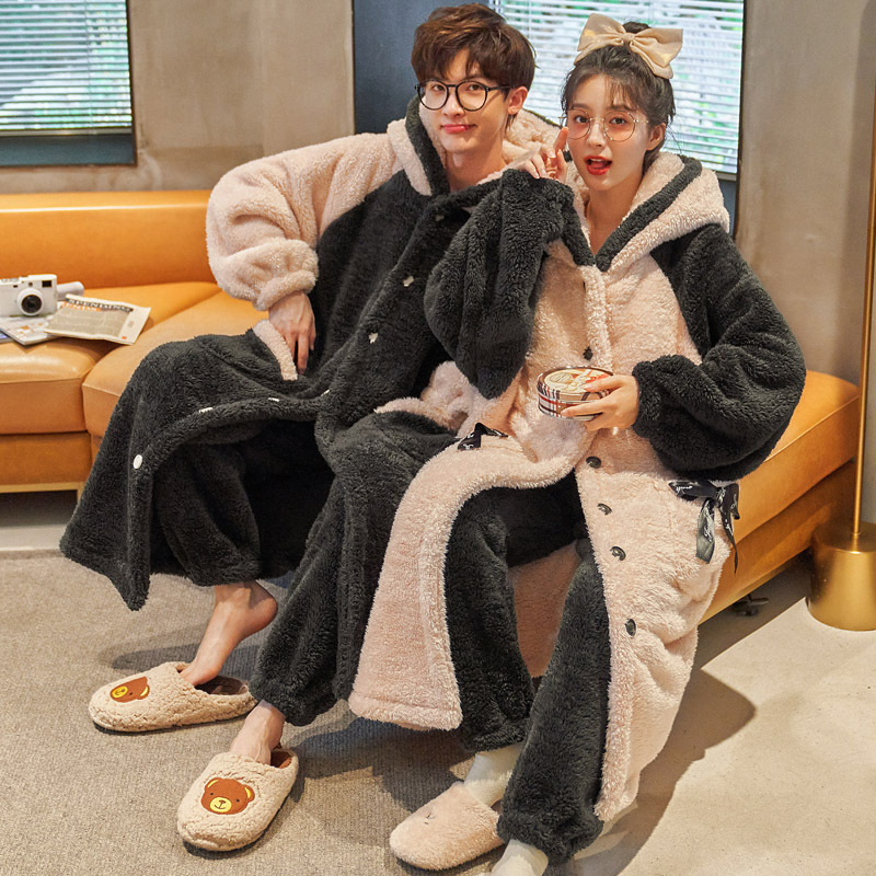 カップル用パジャマ 冬用 コーラルフリース 厚手 秋冬用 男女兼用 裏起毛セット 冬用ナイトガウン ホームウェア