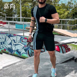现货2025夏季新款休闲条纹运动套装夏宽松短袖T恤短裤男装套装潮