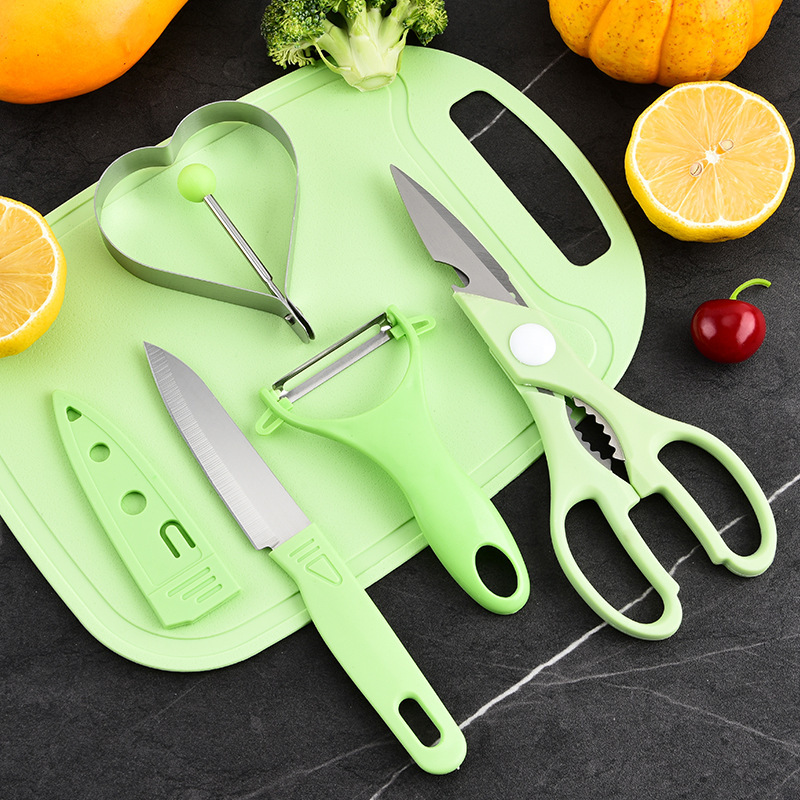 Cuchillo de frutas de acero inoxidable Juego de cinco piezas Cuchillo de alimentos para bebés Tablero de cortar Tablero de cortar Fruta Tijeras Pelador Juego de cepillado de melón