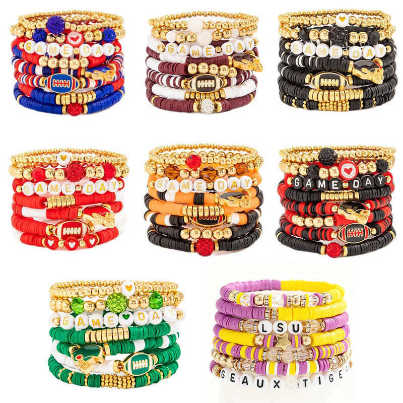 European and American Cross-Border Super Bowl Game Day Bracelet Set Game Day Colorfulful Football Soft Clay Elastic Bracelet