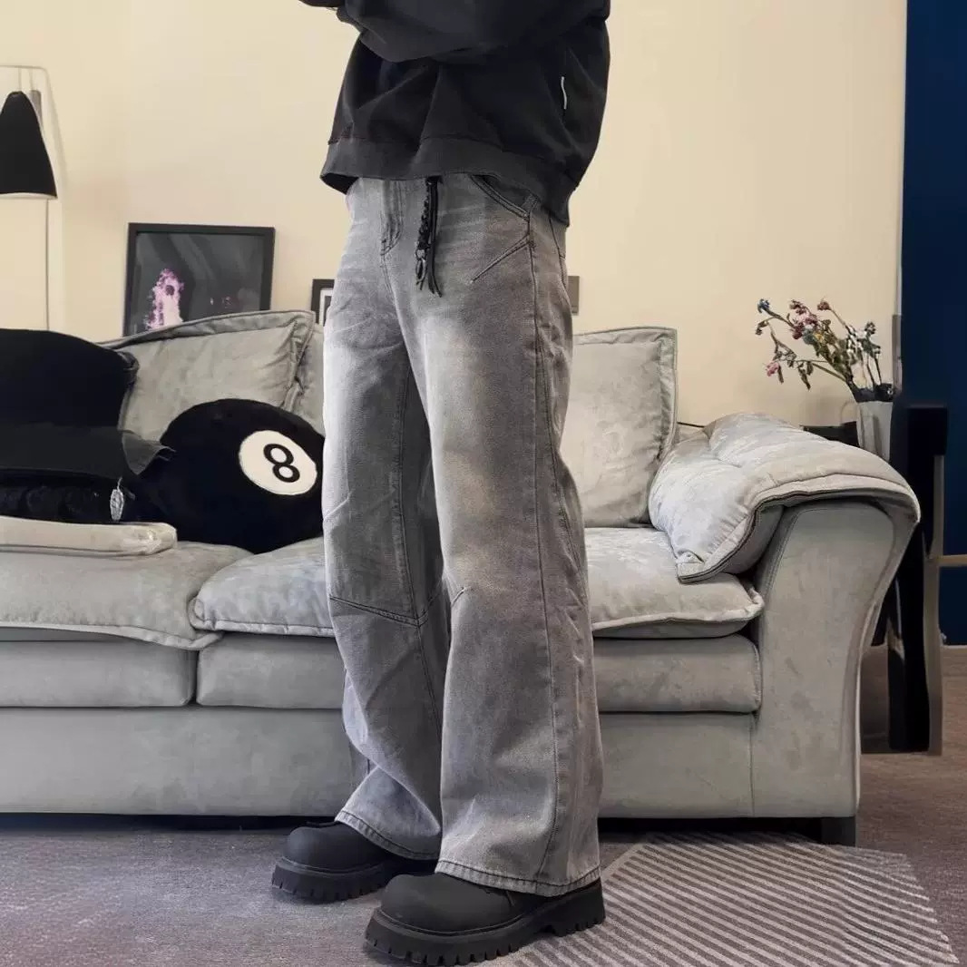 Pantalon en denim droit à jambe large pour homme, style décontracté, polyvalent, ample, délavé et usé_voghion.com