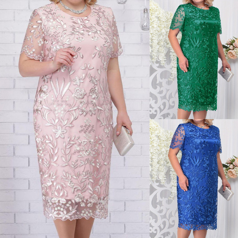European and American Cross-border Spring and Summer New Large Size Women's Dress Stitching Embroidered Lace Slim-fit Cocktail Dress European and American Cross-border Spring and Summer New Large Size Women's Dress Stitching Embroidered Lace Slim-fit Cocktail Dress