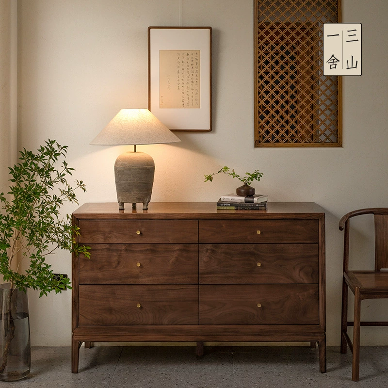 Черный орех Дерево шкафчик ящик шкафа Спальня гостиная шкаф стены Новый китайский стиль твердой древесины с шестью ящиками шкафа