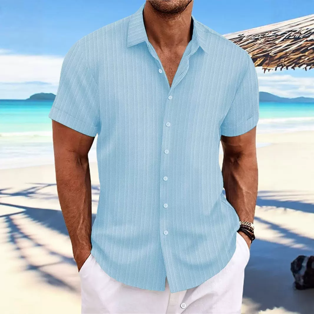 跨境欧美男士棉麻衬衫短袖休闲爆款亚马逊宽松透气提花速卖通