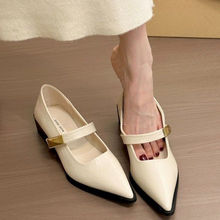网红复古浅口高跟鞋女不累脚一字扣粗跟单鞋尖头气质玛丽珍鞋