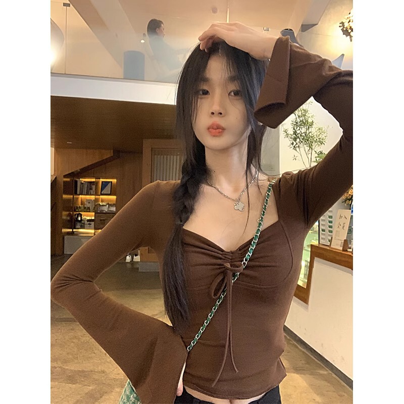 MR shipped pleated lace-up long sleeve T-shirt women's spring and autumn design hot girl slim short base shirt top MR shipped pleated lace-up long sleeve T-shirt women's spring and autumn design hot girl slim short base shirt top