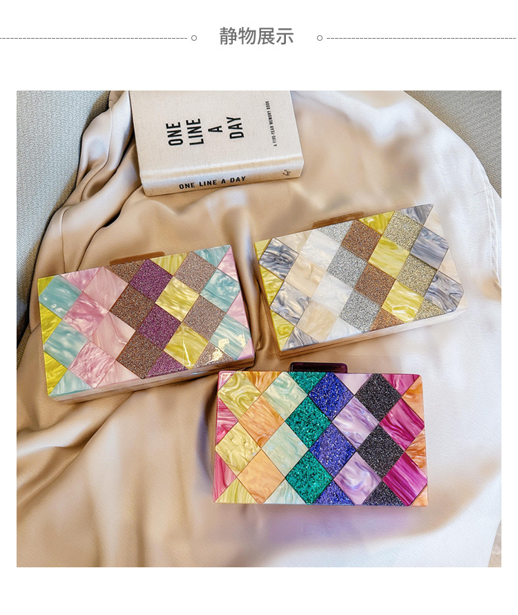 New cross-border foreign trade women's checkered acrylic bag, dinner bag, single-shoulder crossbody wedding and banquet clutch bag Specification drawing