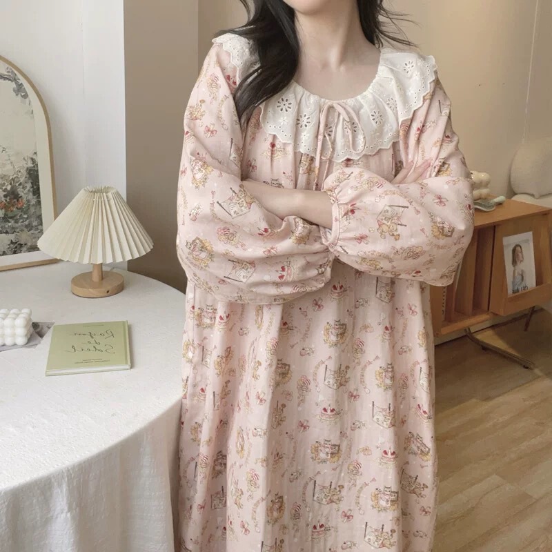 Spring and Autumn New Nightgown Women's Cloud Cotton Long Sleeve Mid-Length Dress Sweet Korean Style Plaid Home Wear Nightgown