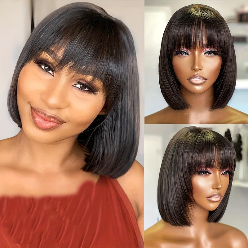 Trimable Bangs Bob Wig, Real Human Hair, Fully Machine-Made, Free Shipping, Available for Dropshipping, Smooth Short Bob Wig, 8 Inches 1
