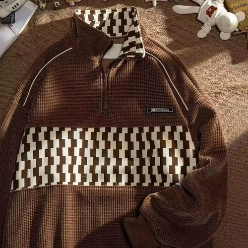 Half Zip Checkered Padded Thick Sweatshirt for Men, Japanese Style Loose Streetwear Brand Autumn/Winter Warm Clothing Ins Trend