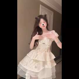 甜美蝴蝶结蓬蓬连衣裙女收腰显瘦夏季小个子超仙约会网纱蓬蓬短裙