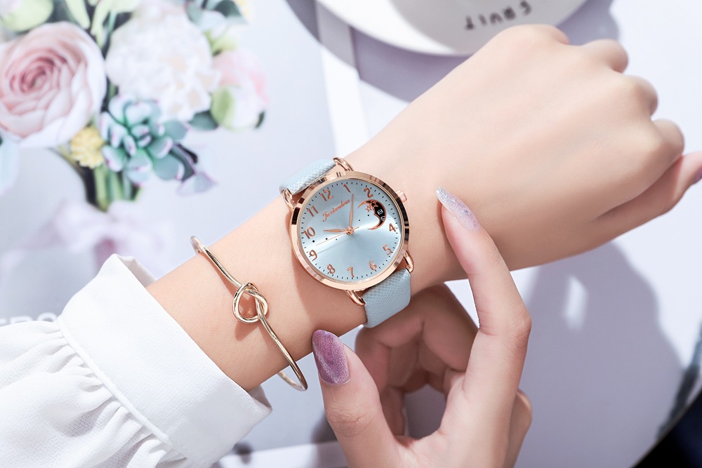 Orologio da studente in oro rosa con cinturino minimalista da donna con motivo stella lunare, nuovo prodotto caldo e alla moda 2024_voghion.com