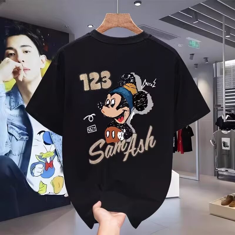 High-End Trendy European and American Heavyweight Men's Short-Sleeve T-Shirt Mickey Cartoon Mickey Mouse Loose High Street Round Neck Summer Ins