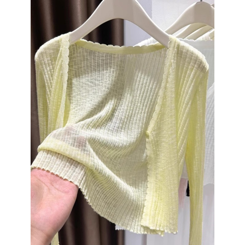 女性用の青い薄いニットアイスシルクカーディガン、夏のサスペンダースカート、空調シャツ、日焼け止めショールトップ、女性用ブラウス|undefined