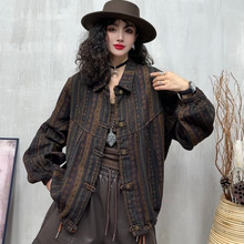 斜纹印花外套女 2025秋新款复古文艺宽松翻领盘口开衫上衣 88310