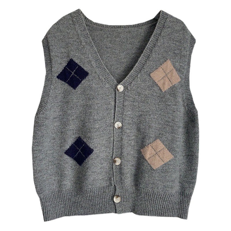2023 otoño e invierno nuevo japonés retro diamante Plaid contraste color cuello en V suéter chaleco exterior chaleco cardigan de punto para las mujeres