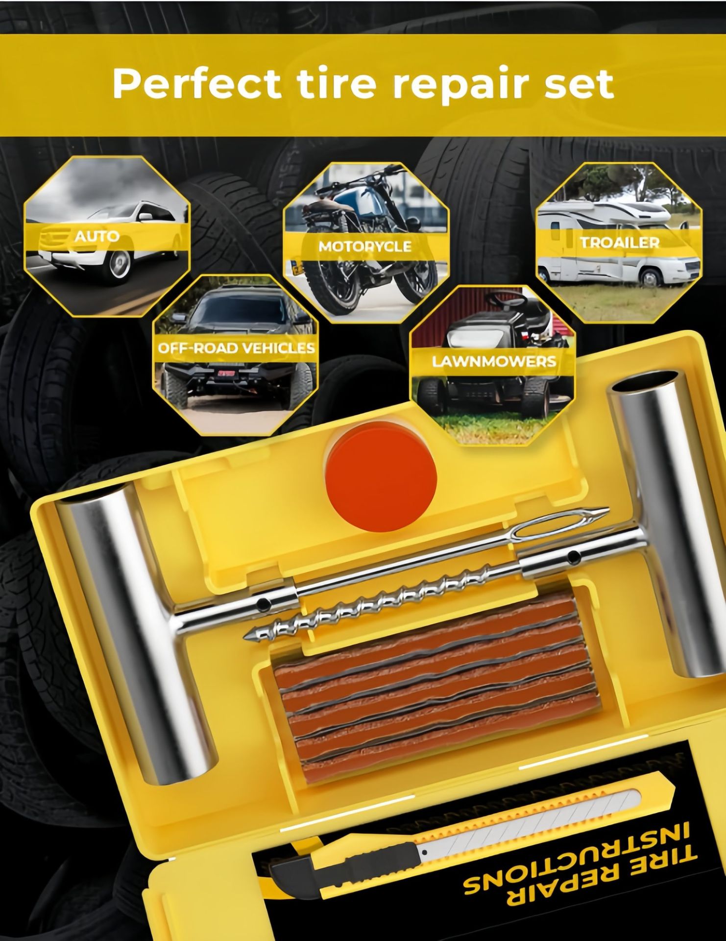 Tire Repair Tool Kit with Iron Handle, 15 Pcs