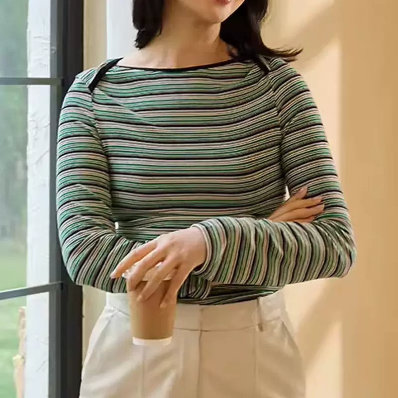 “胶囊衣橱”系列高弹针织彩条长袖T恤毛条纹打底衫女长袖T恤