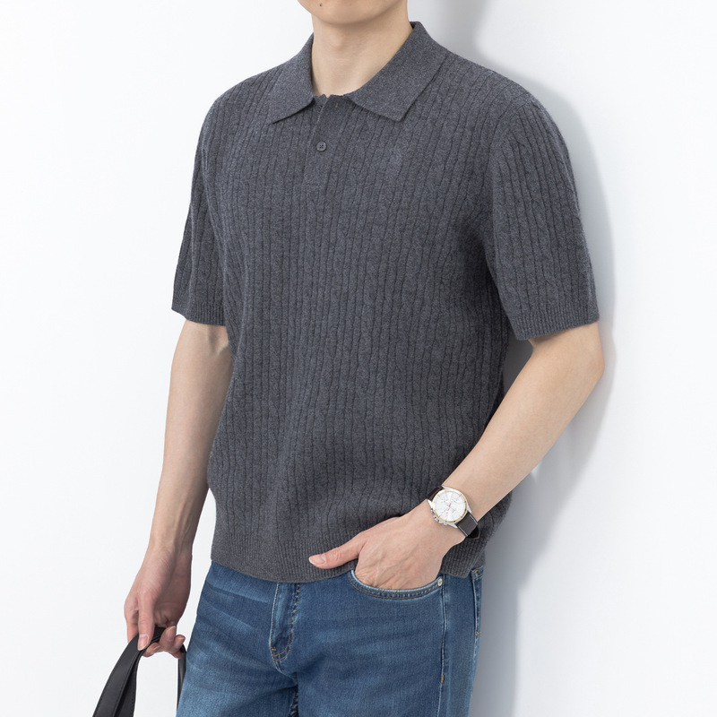 [Merino Wool + Cashmere] Old Money Style Summer Breathable Lapel T-Shirt Twisted Knit Short Sleeve Polo Shirt for Men