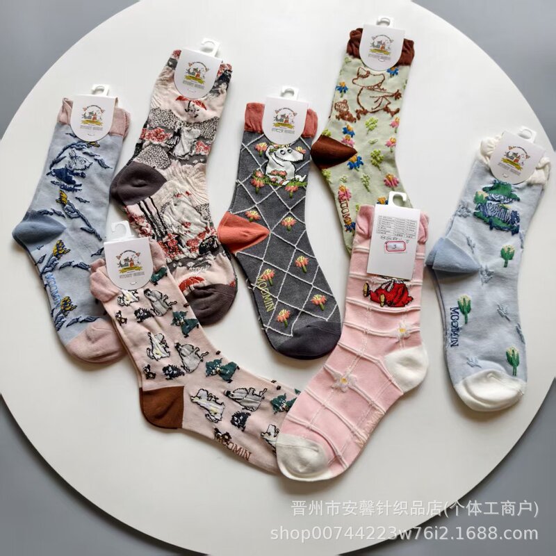New Moomin Cartoon Pattern Mid-Calf Socks, Combed Cotton, Japanese Style, Women's All-Season Casual Socks, Artistic Forest Style New Moomin Cartoon Pattern Mid-Calf Socks, Combed Cotton, Japanese Style, Women's All-Season Casual Socks, Artistic Forest Style