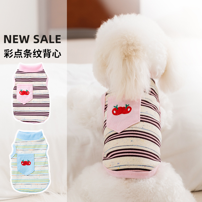 Perro primavera verano transpirable lindo chaleco a rayas bordado de cereza vestido de dos patas de gato ropa de peluche para mascotas