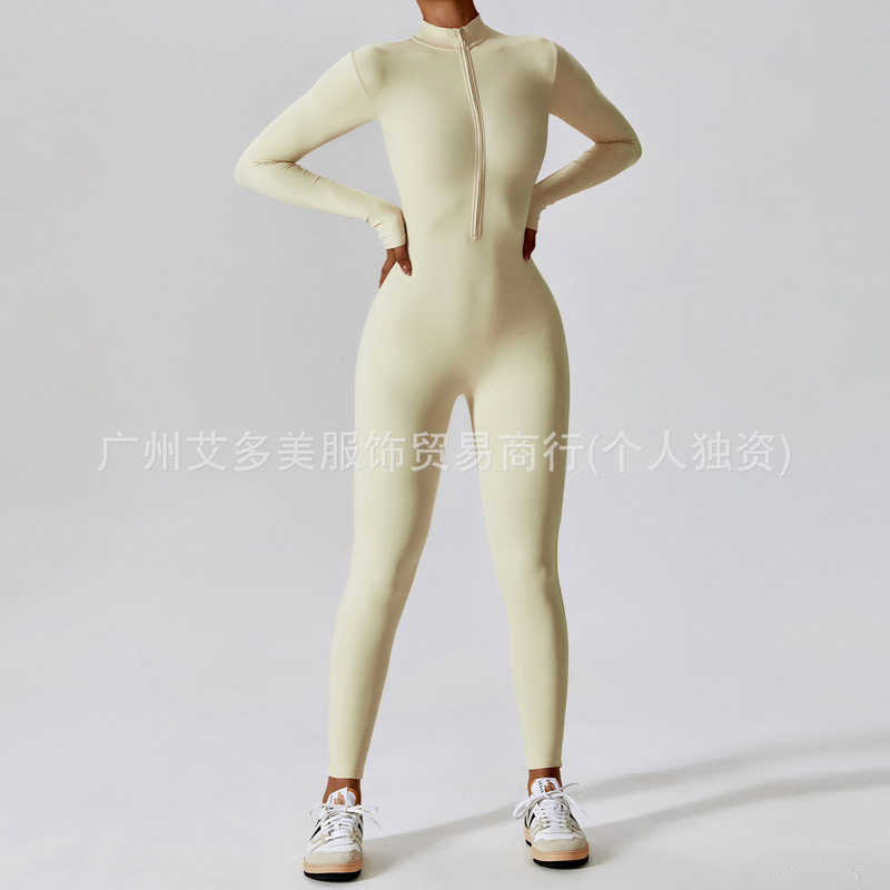 alo跨境欧美拉链裸感长袖瑜伽连体服高强度健身运动连体紧身衣|undefined