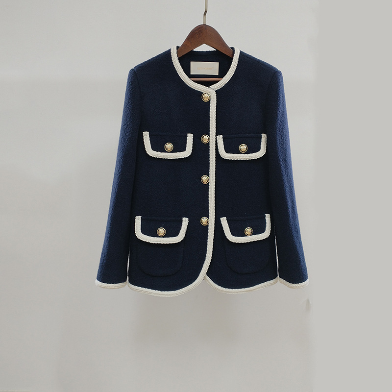 2025 autumn and winter new women's dark blue retro contrast color lace coat socialite tweed small fragrant style coat women