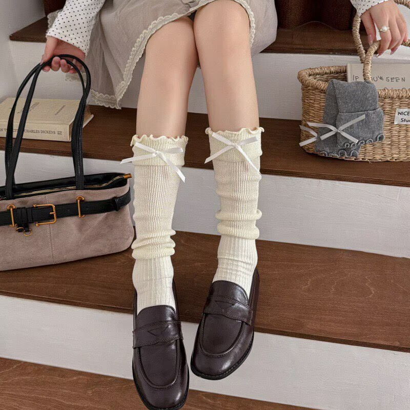 Women's autumn and winter ruffled bowknot calf socks, vintage Maillard stacked long socks